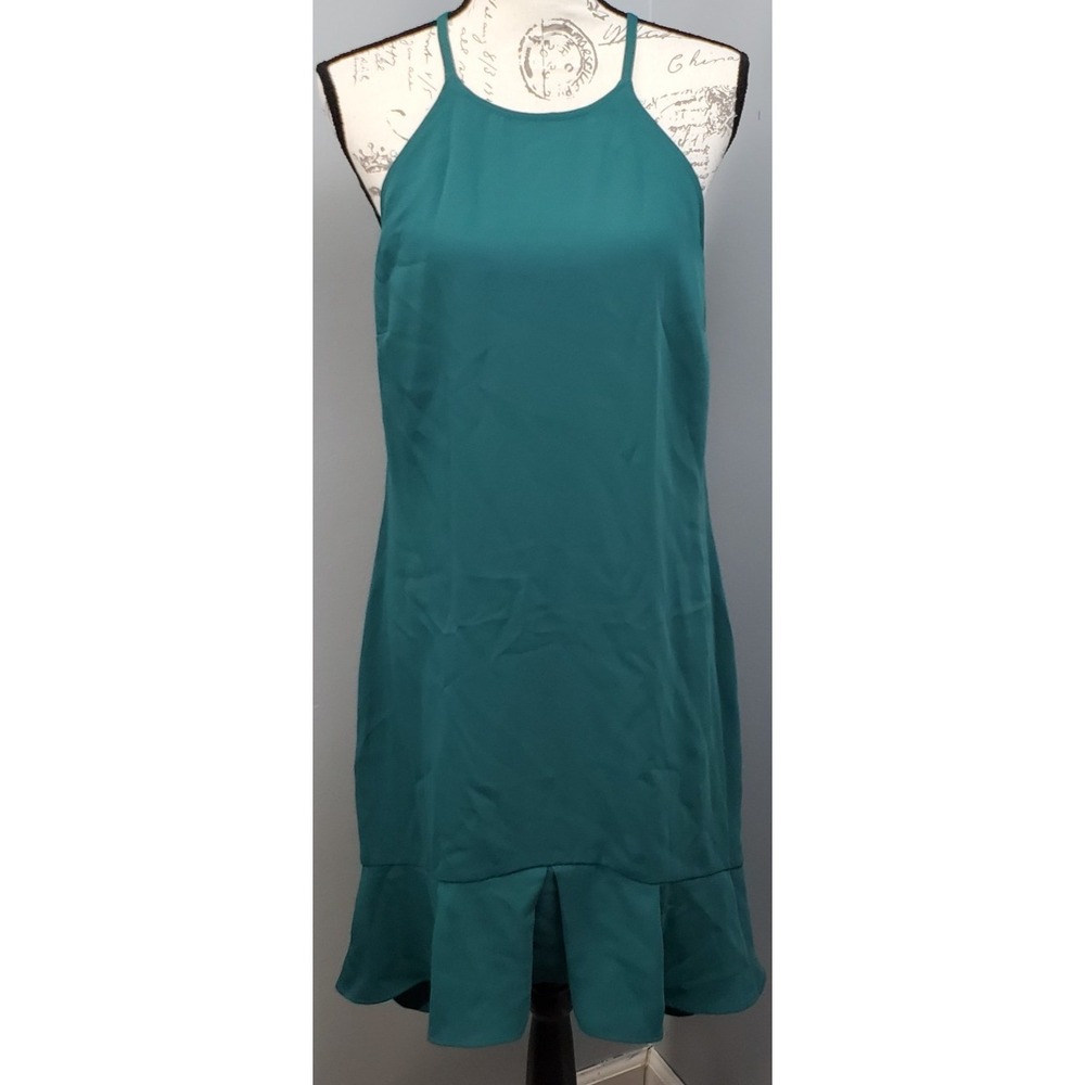 Trina Turk Shift Dress Womens 10 Green Ruffle Hem Cocktail Party Chic Back Zip
